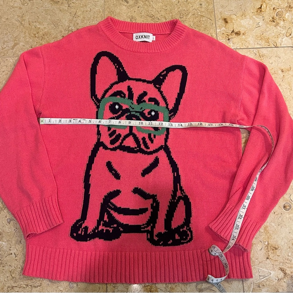 OXKNIT Pink Sweater with Black Bulldog & Green Glasses 100% Cotton Size L - Picture 2 of 6